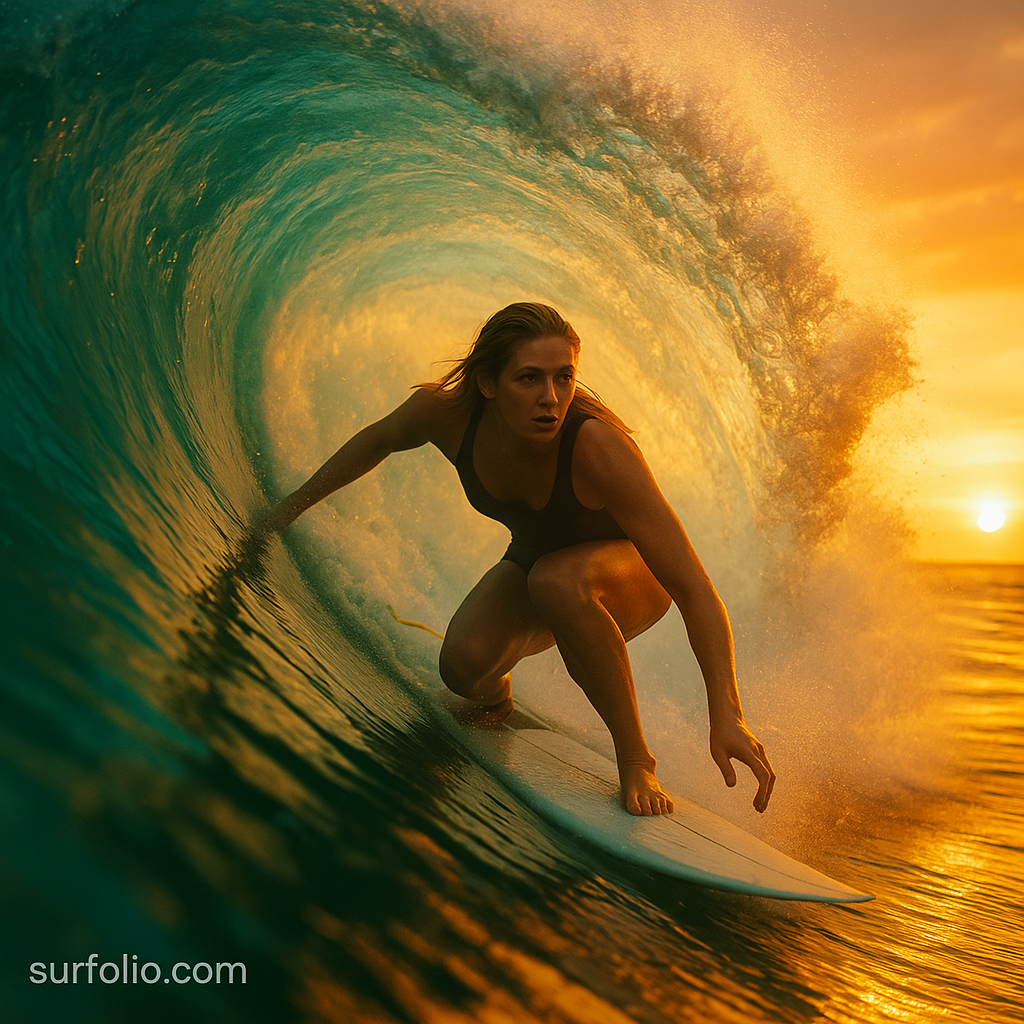 Stephanie Gilmore glides gracefully inside a turquoise barrel wave at sunset, surrounded by golden light and ocean spray.