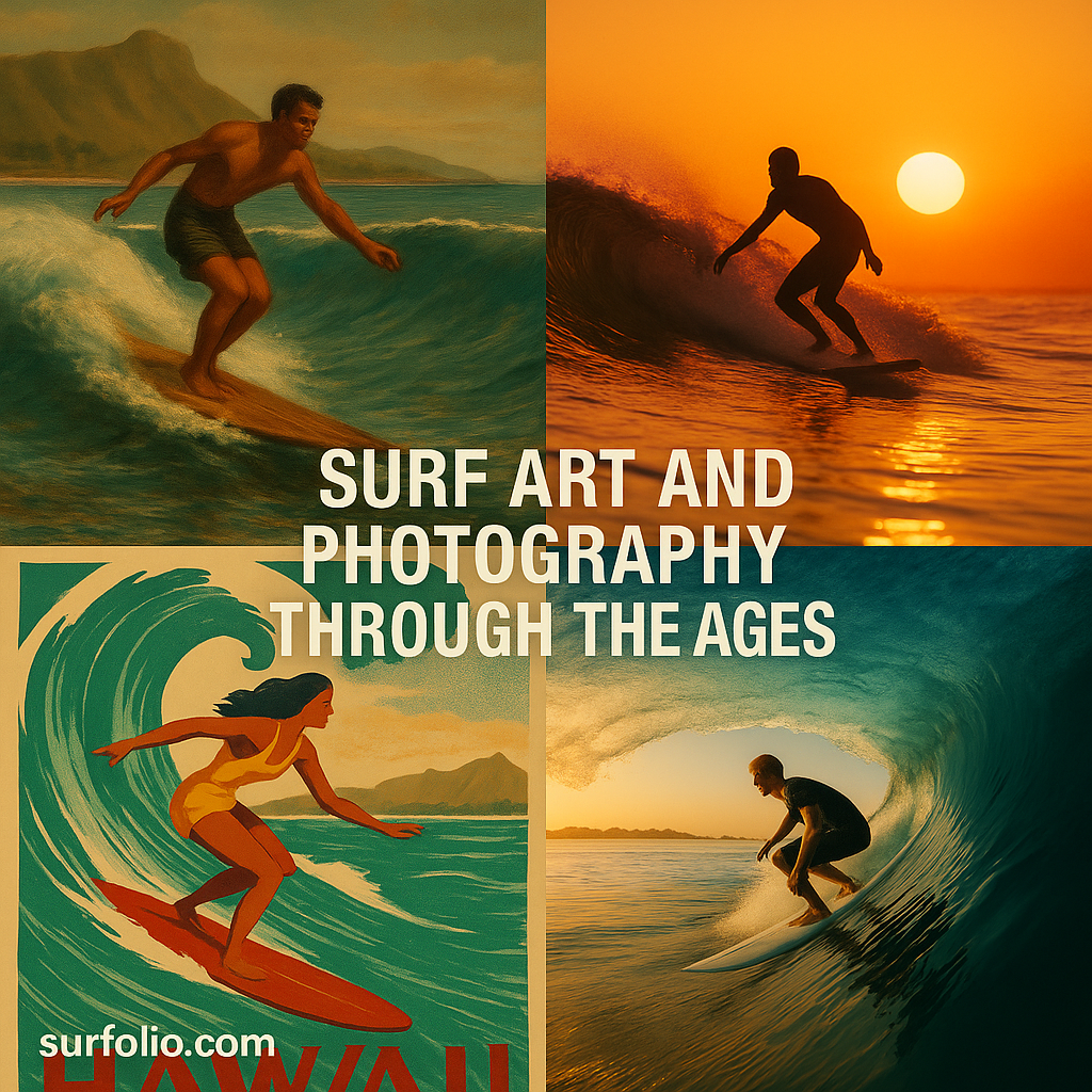 A visual timeline celebrating the evolution of surf art and photography, blending vintage Hawaiian posters with modern surf photography.
