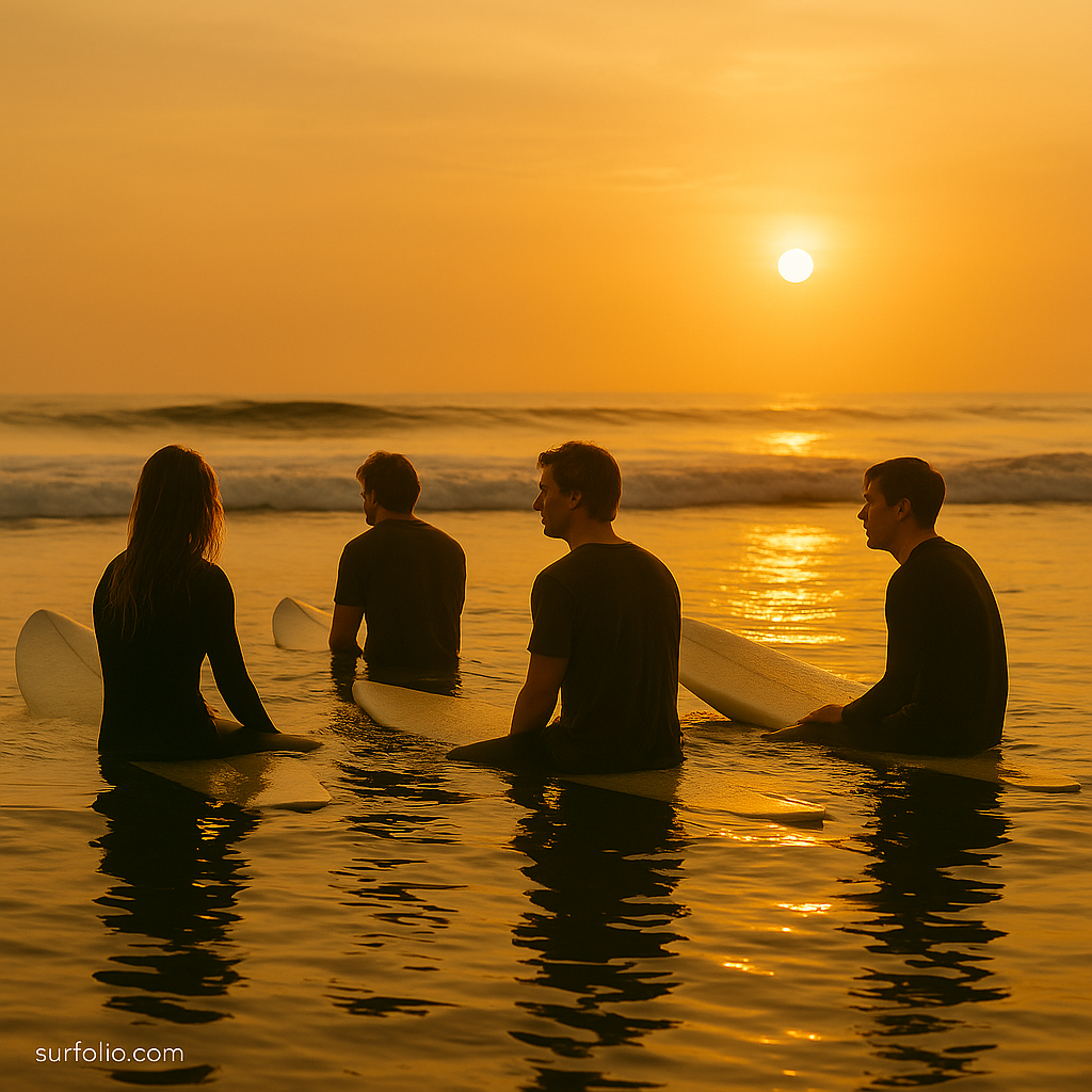 Surfers waiting in a calm lineup during golden hour, symbolizing respect and harmony in the surf.