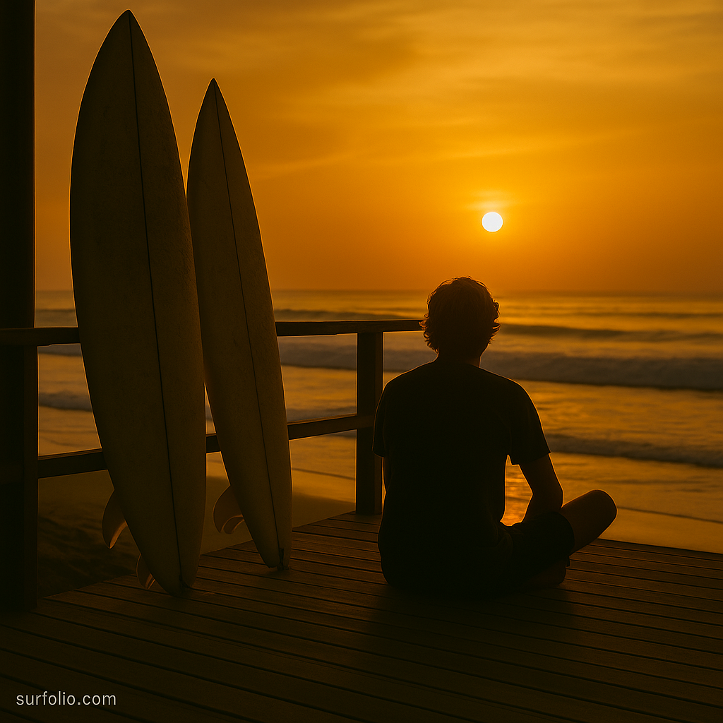 A surfer sitting on the sand watching waves at golden hour, reflecting the relaxed and inspiring surf lifestyle.