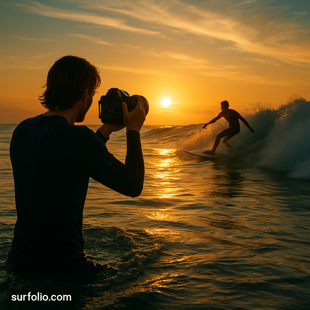 Beginner surf photographer capturing surfer riding a wave at sunrise.