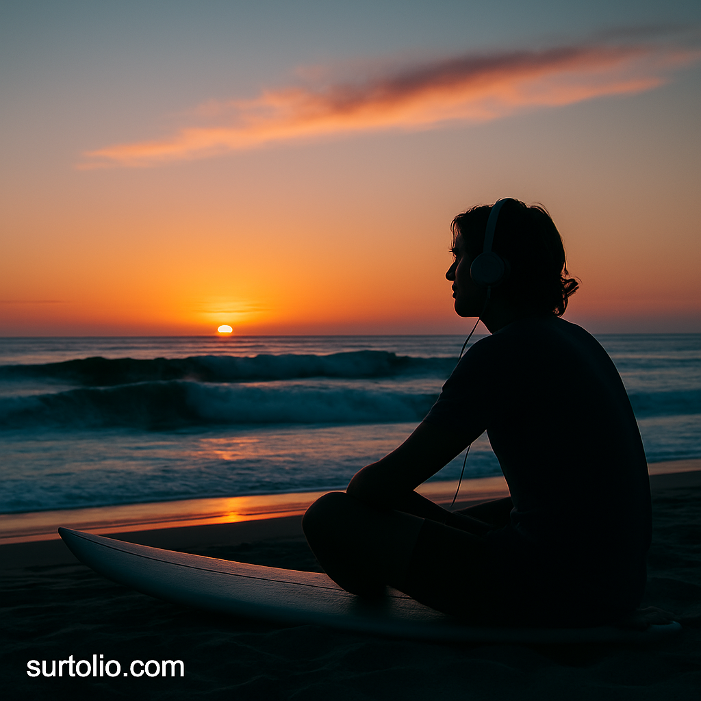 Surfer sitting on the beach with headphones on, watching waves under a colorful sunrise.