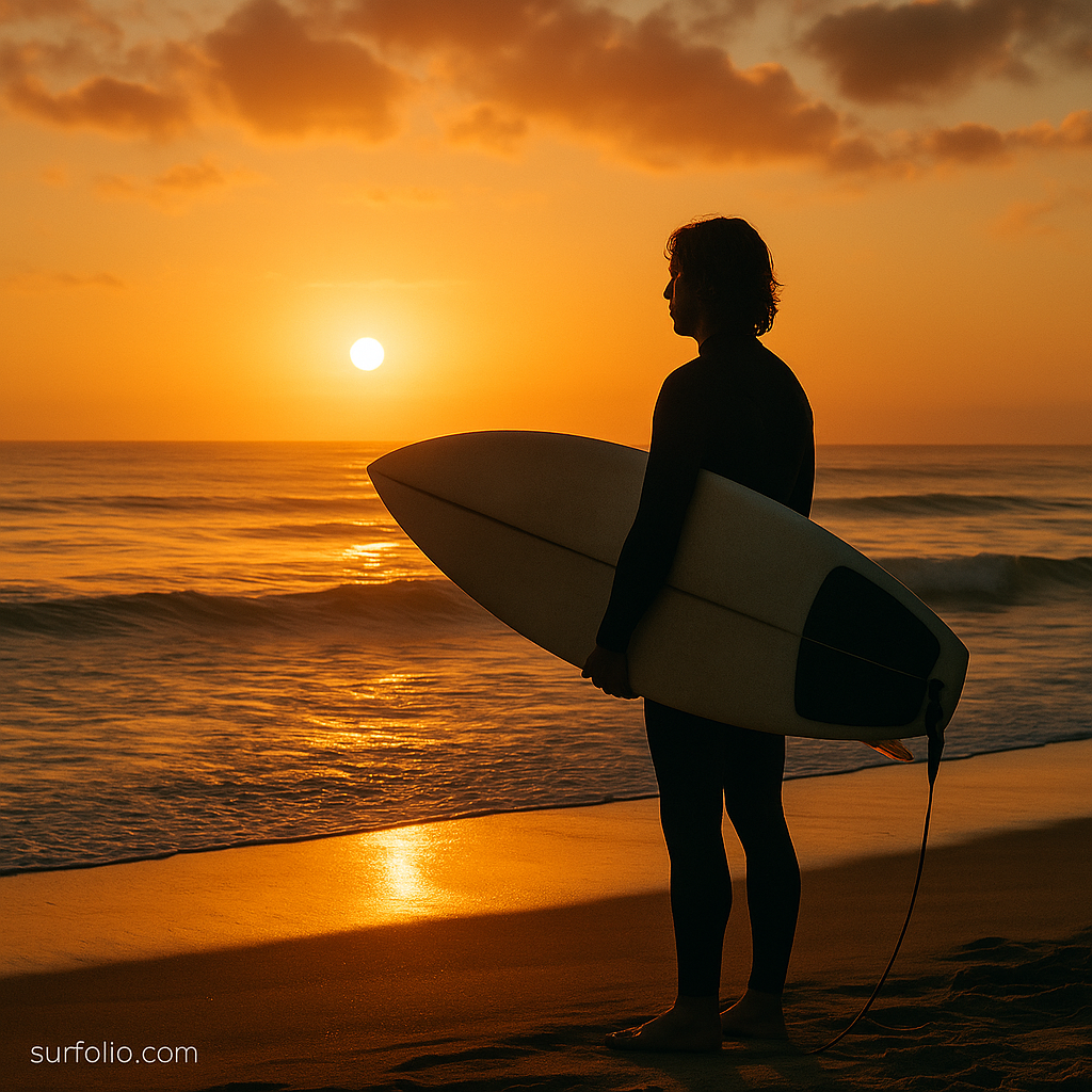 Surfer watching sunrise over the ocean, surfboard in hand, reflecting on the waves.