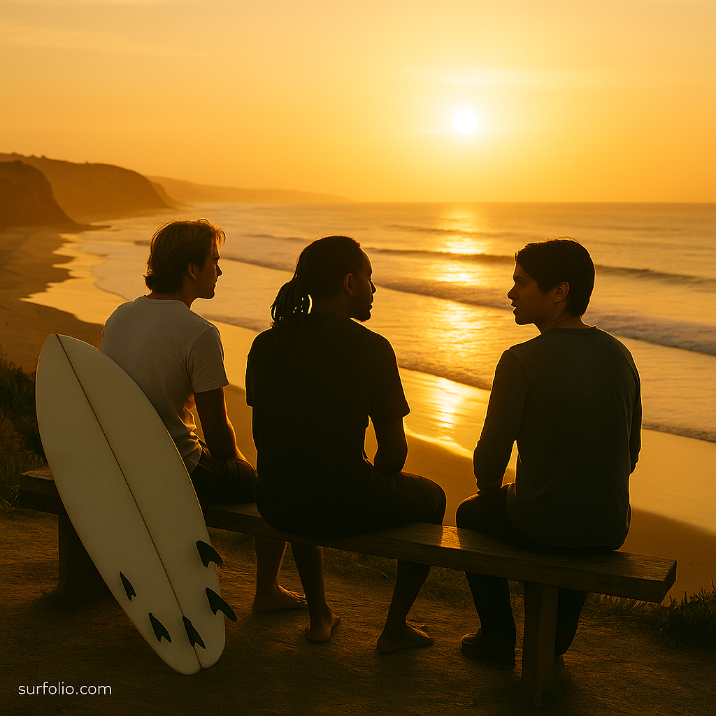 Surfers from around the world hang out at sunset, symbolizing global surf unity.