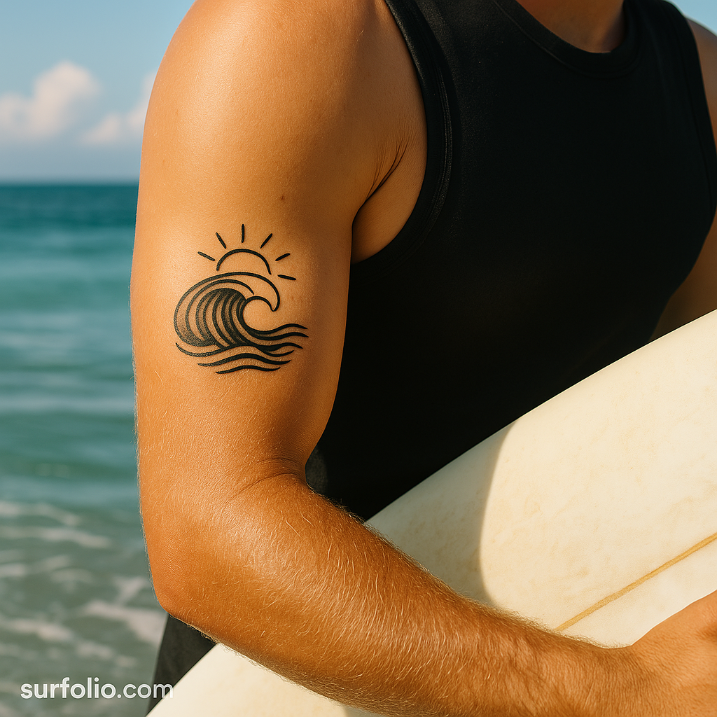 Close-up of a surfer’s arm tattoo featuring a wave and sun symbol, representing connection to the ocean.