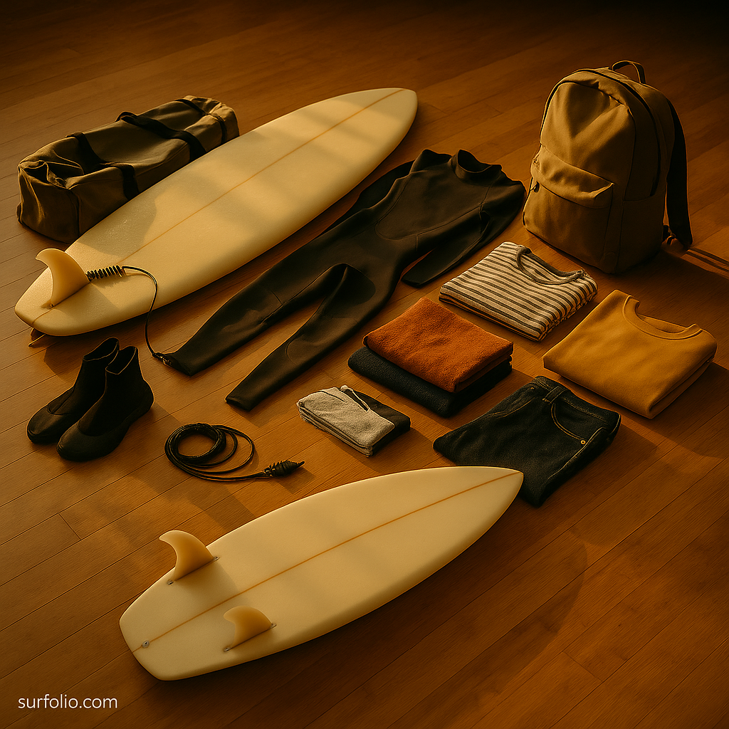 A surfer loading a surfboard and travel gear into a van at sunrise, preparing for a surf trip.