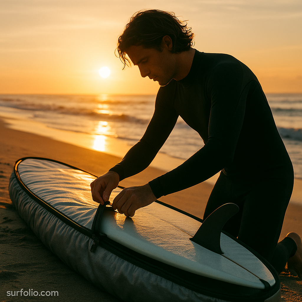 Surfer zipping up a padded surfboard bag on the beach at sunrise.