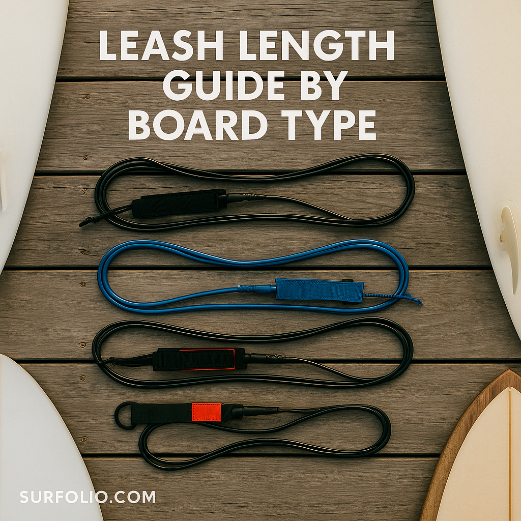 Surfboard leashes of different lengths and colors neatly arranged on a wooden deck beside surfboards.