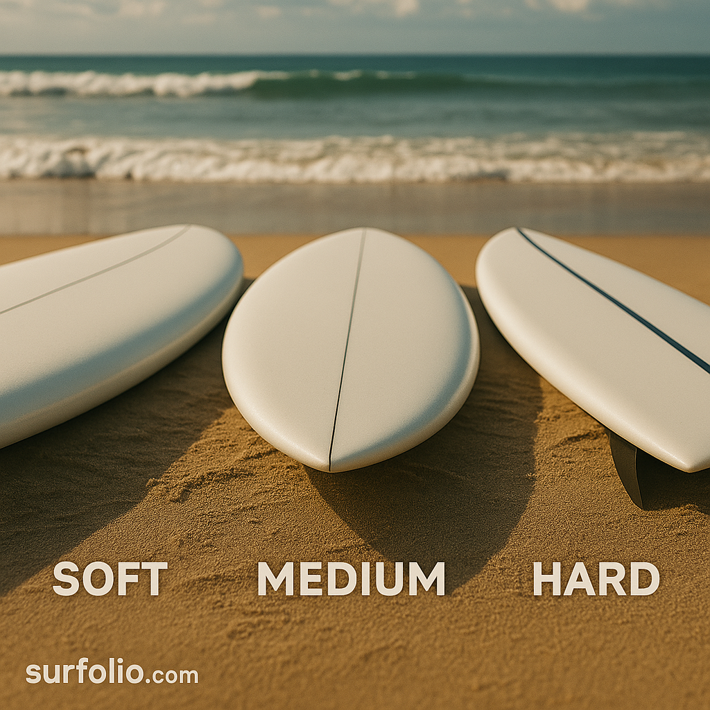 Three surfboards on the beach showing soft, medium, and hard rail profiles with the ocean in the background.