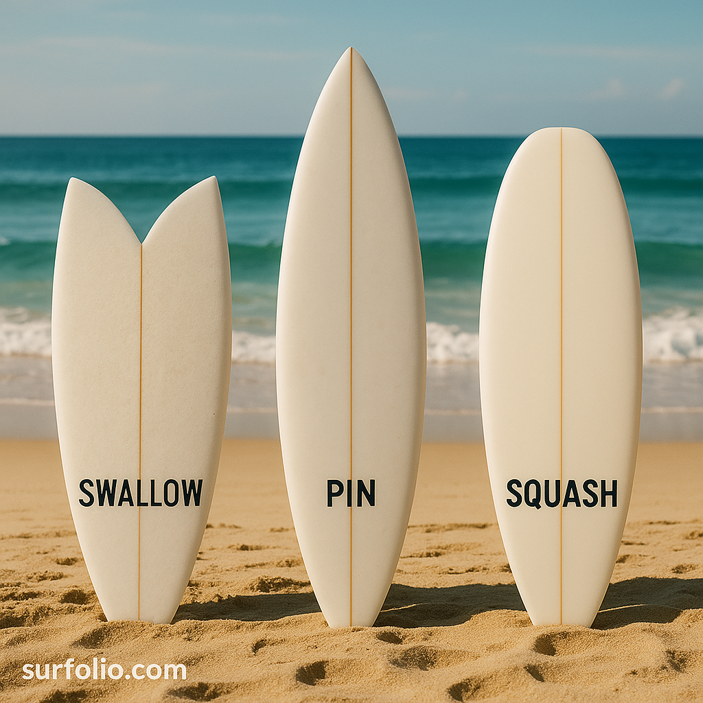 Surfboard tails showing swallow, pin, and squash designs side by side on the beach.