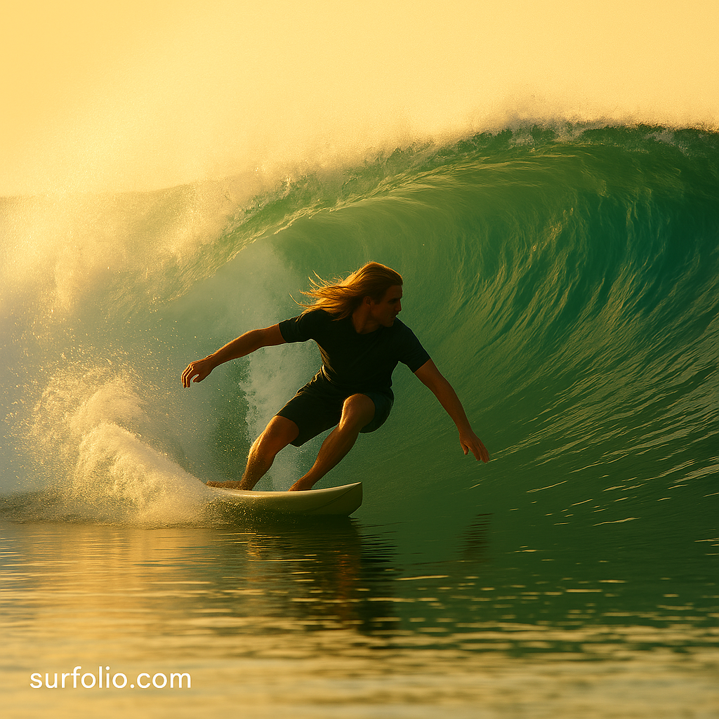 A surfer with long blonde hair performs a bottom turn on a turquoise wave under golden sunlight.