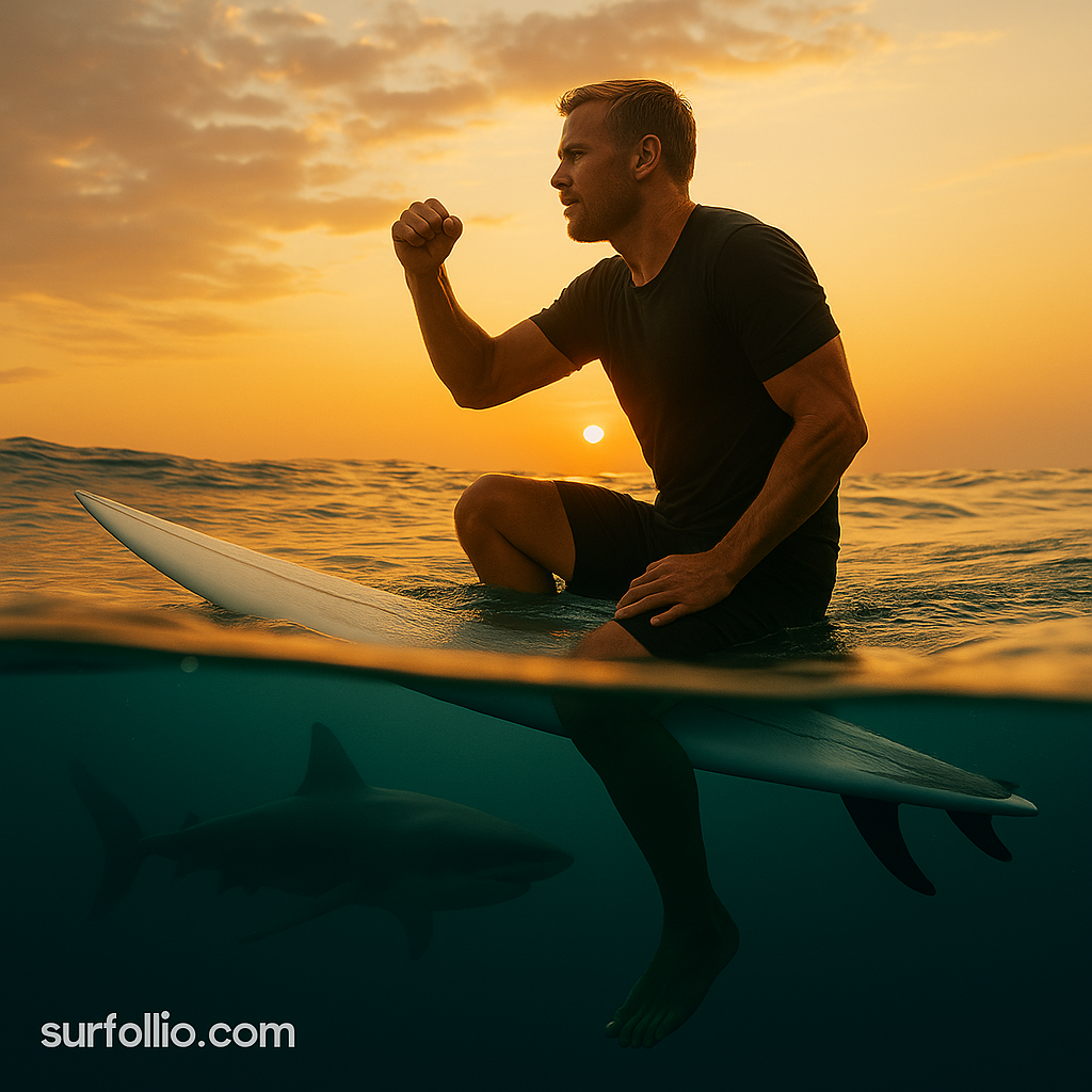 Split-level image of a surfer at sunrise half above water with a shark silhouette visible below the surface.
