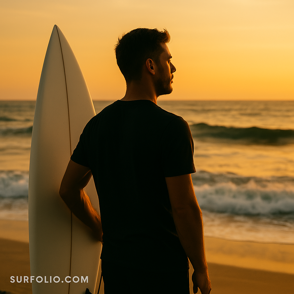 Surfer sitting on the beach at sunrise beside his surfboard, gazing out at the ocean.