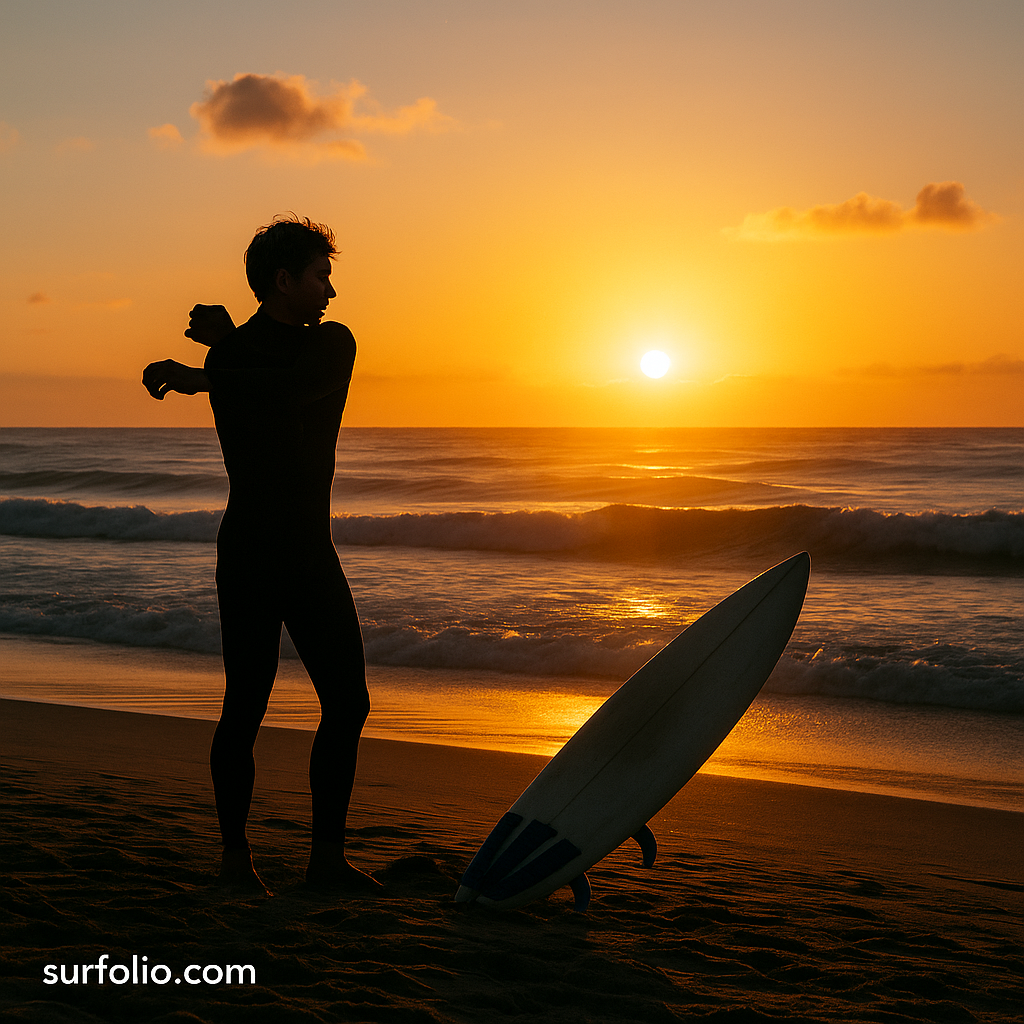 Surfer stretching and preparing surf gear on the beach at sunrise with golden light reflecting on the waves.