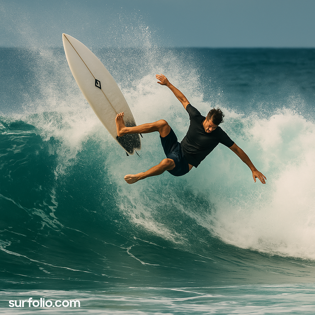 Surfer mid-wipeout on a breaking wave with surfboard flying into the air and ocean spray around.