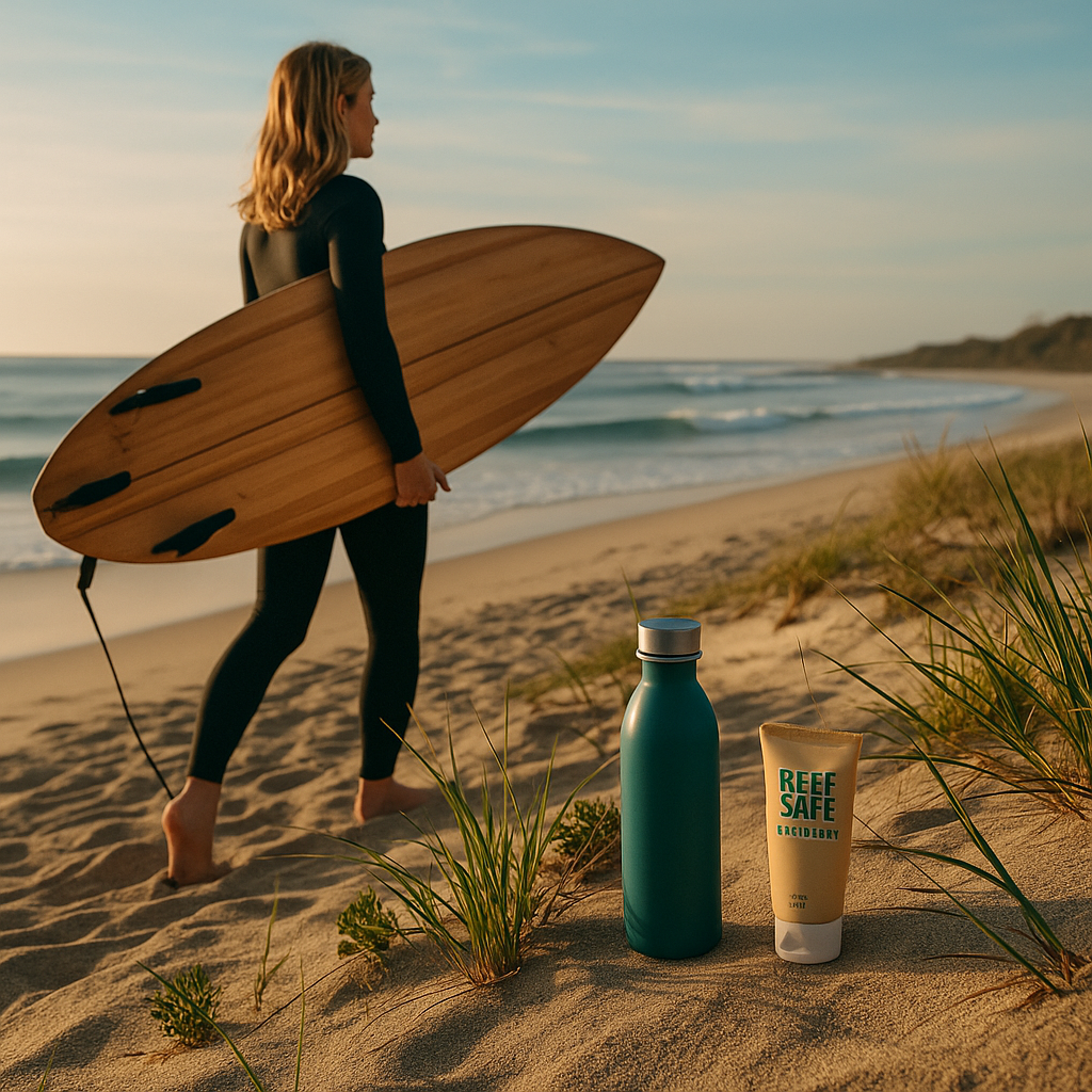 Surfer carrying an eco-friendly board along the beach at sunrise.