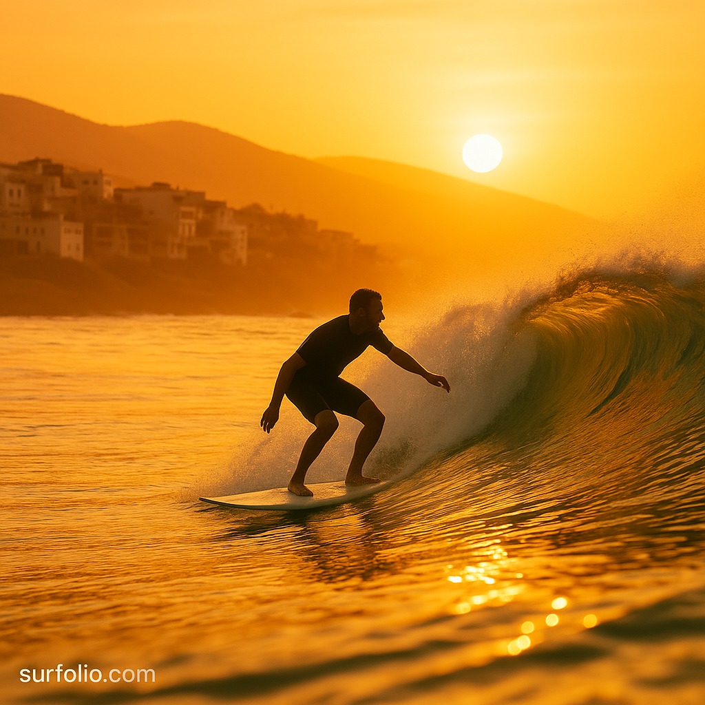 Surfer riding a golden wave near Taghazout, Morocco at sunset.