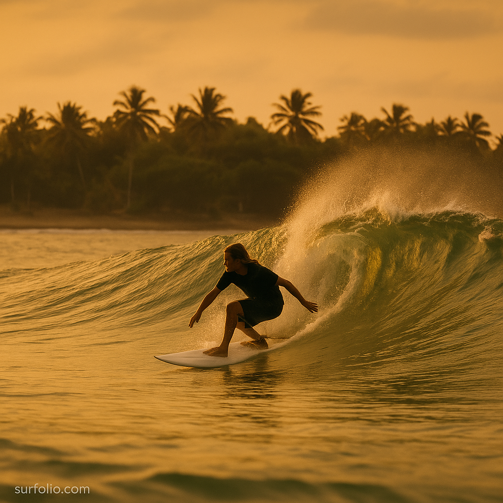 Surfer riding a clean wave at Arugam Bay, Sri Lanka under golden light.