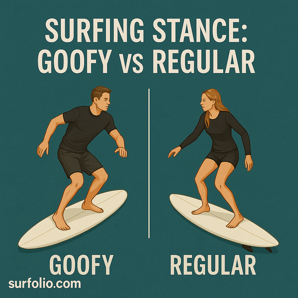 Overhead view of two surfers side by side showing goofy and regular stances on their boards.