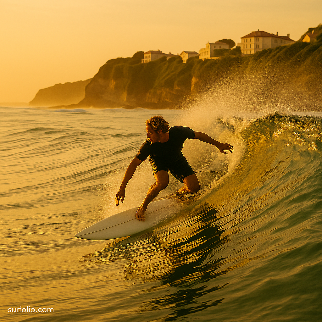 Surfer riding a golden wave along the French Basque Coast with cliffs and villas in the background.