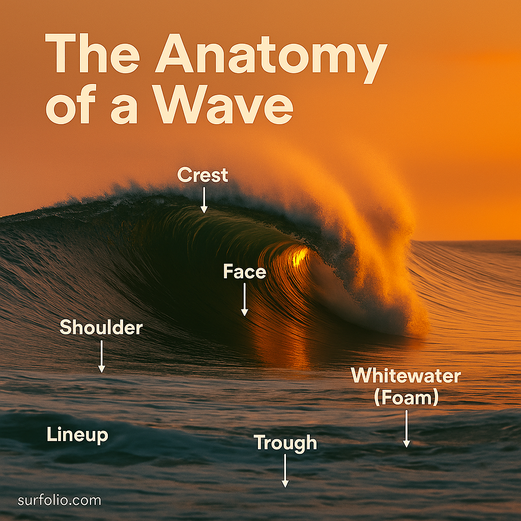 Ocean wave curling at sunset, showing crest, face, and whitewater under golden light.