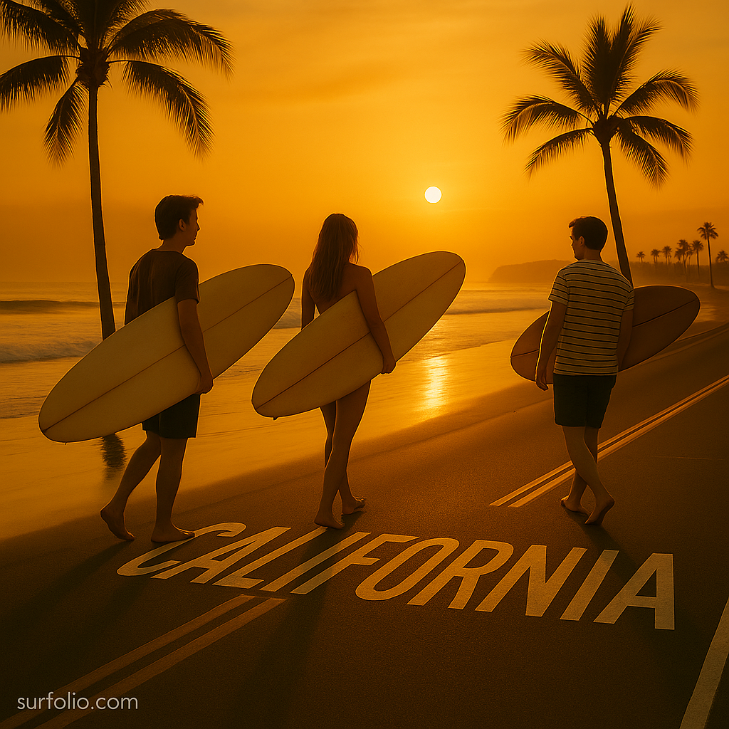 Vintage California surfers walking along the beach with longboards under golden sunset light.