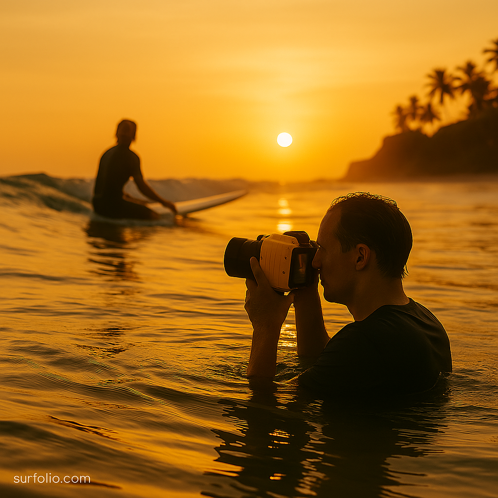 A surf photographer capturing waves from the water at sunrise, maintaining distance from surfers for safety and respect.