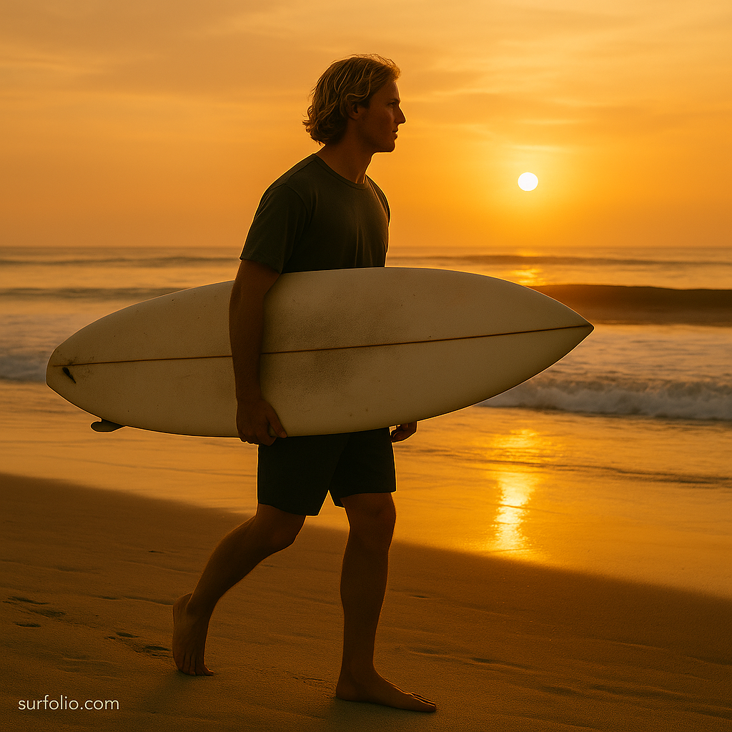 Surfer carrying a modern shortboard along the beach at sunset, symbolizing the evolution of surfboard design.