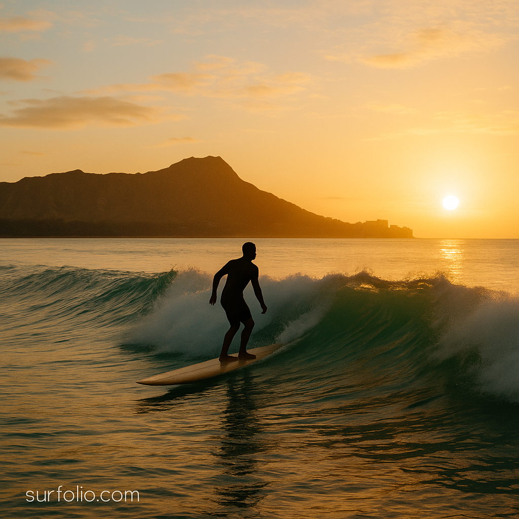 A Hawaiian surfer gliding on a wooden surfboard at sunrise with Diamond Head in the distance.