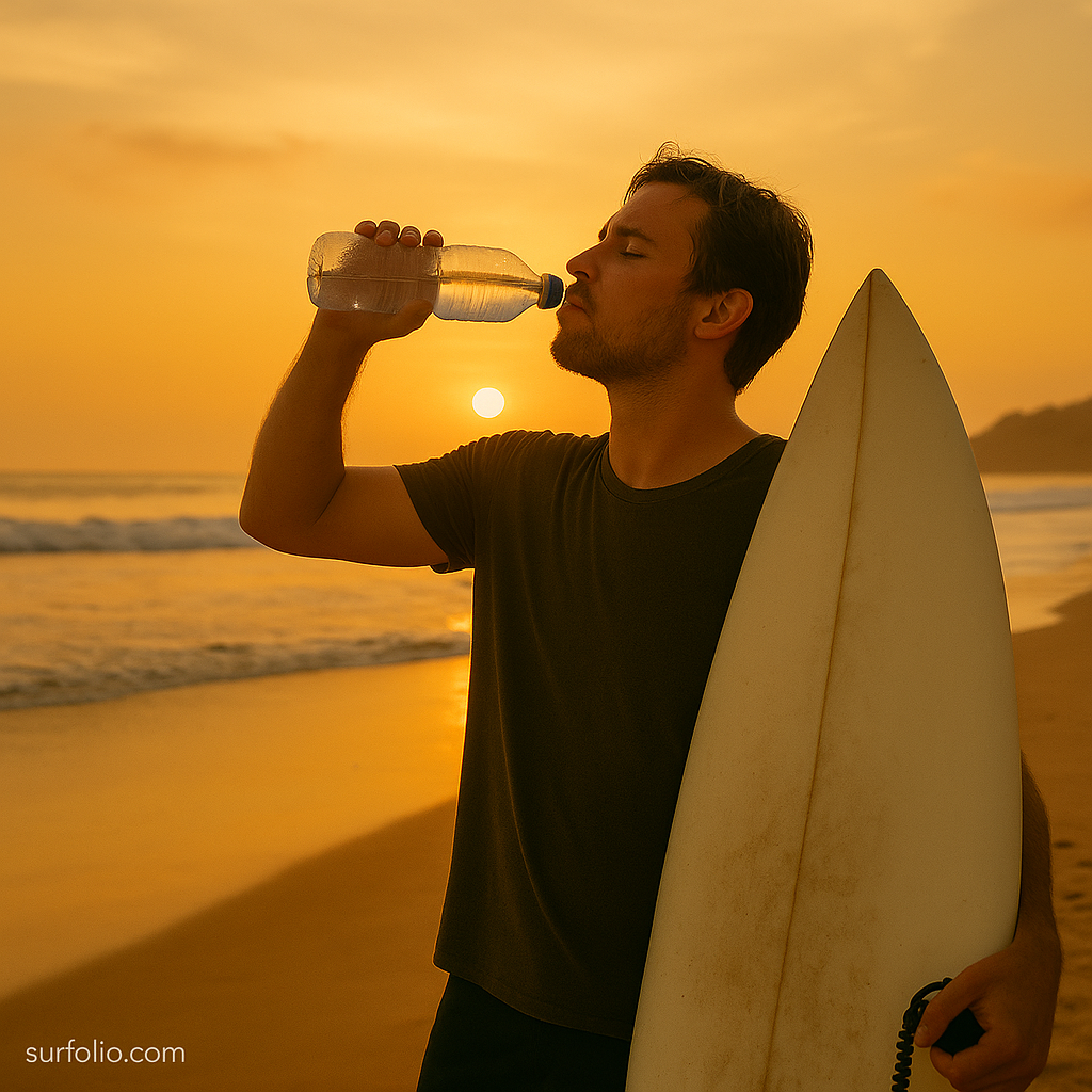 Surfer drinking water from a bottle while standing on the beach with a surfboard nearby.