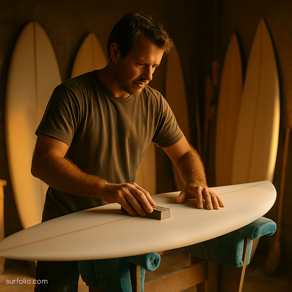 Surfboard shaper working in a dimly lit workshop shaping a board under golden light.