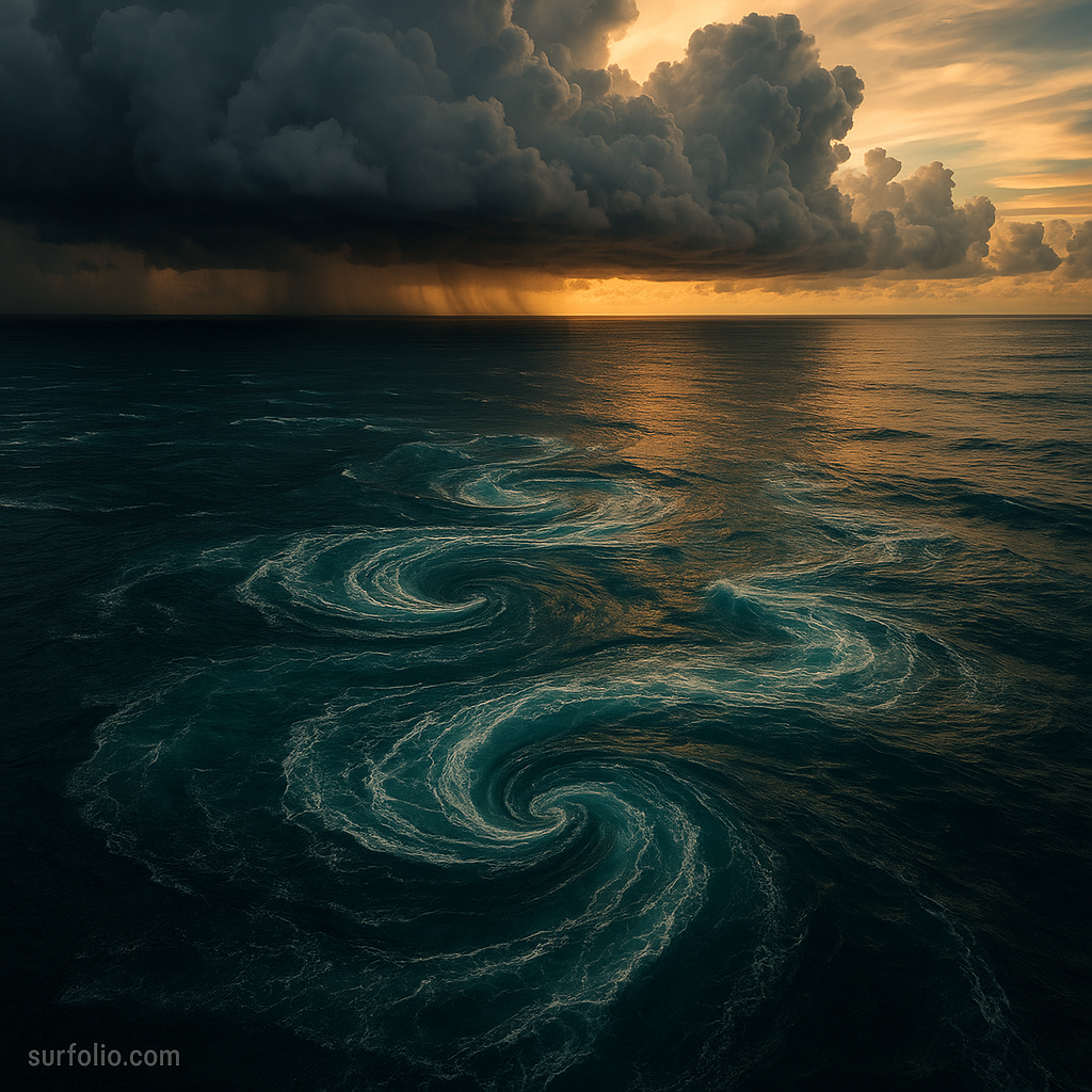 Aerial view of ocean currents and storm clouds forming over tropical waters.