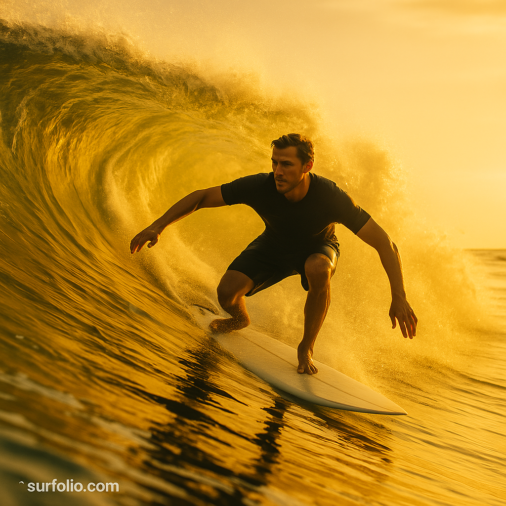Surfer gliding on a golden wave at sunset, embodying focus, balance, and the flow state of the perfect ride.