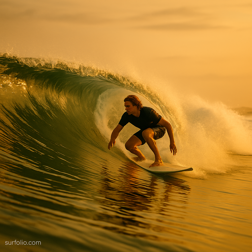 Surfer riding a clean, glassy wave shaped by offshore winds under golden light.