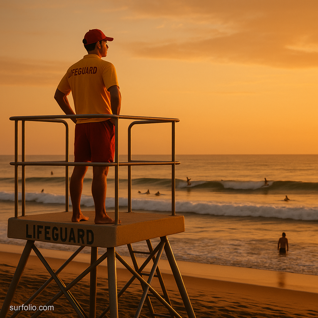Lifeguard standing on a tower overlooking surfers and swimmers under golden sunset light.