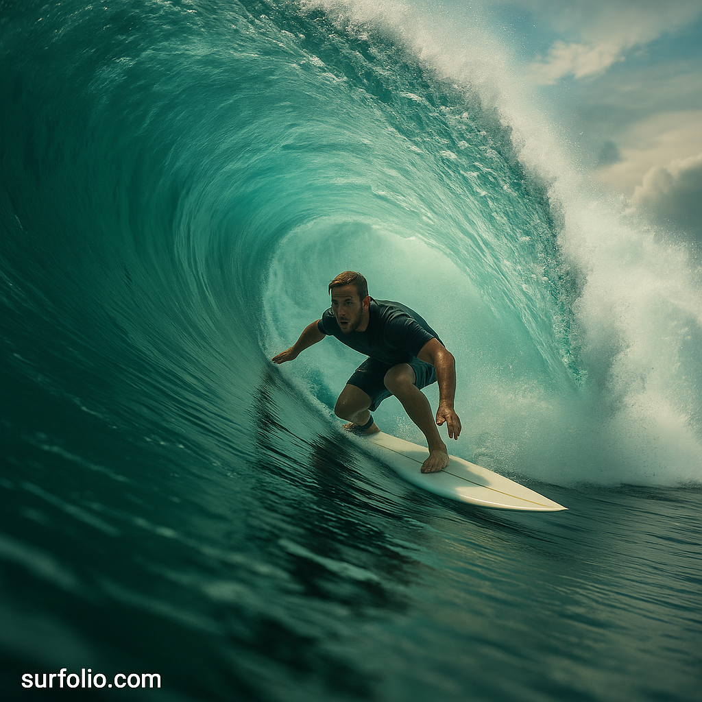 Surfer riding deep inside a hollow wave barrel with sunlight filtering through turquoise water.