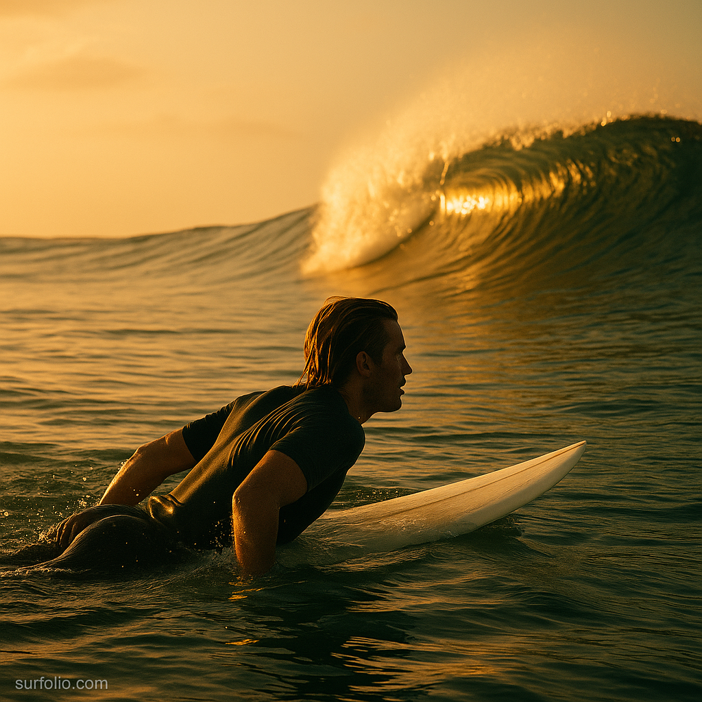 Surfer paddling into position as a golden wave rises behind them, perfectly timed for takeoff.