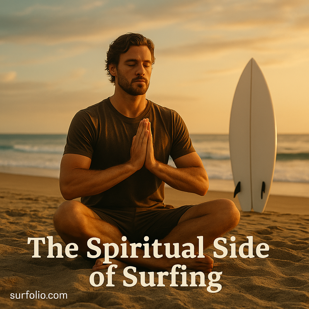 Surfer sitting peacefully on their surfboard at sunset with two fins visible, reflecting on the calm ocean.
