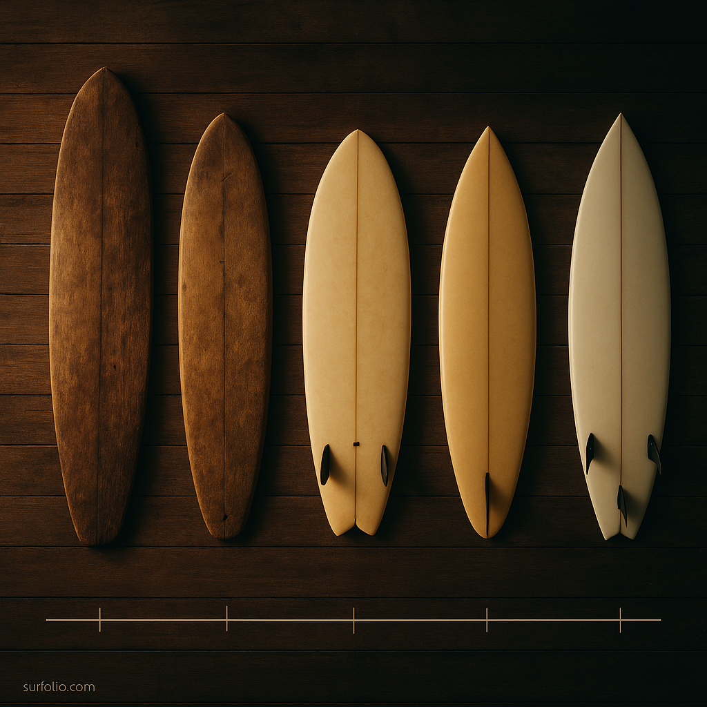 Timeline of surfboard evolution showing ancient wooden boards to modern shortboards.