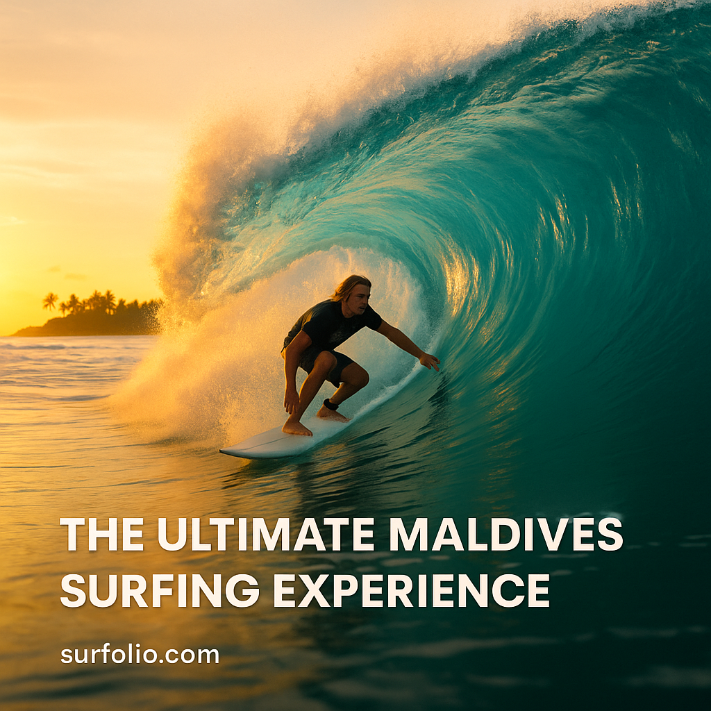 Surfer riding a turquoise barrel wave in the Maldives under golden sunlight.