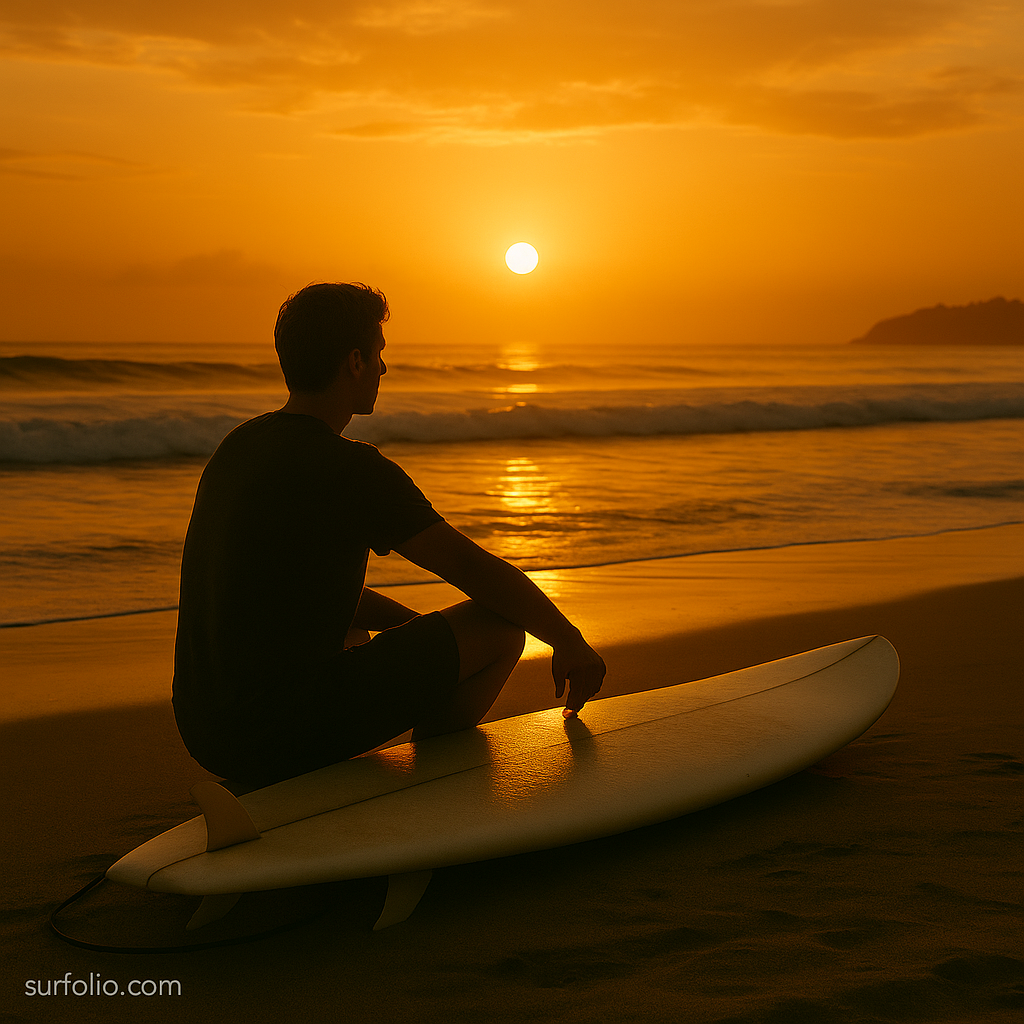 A surfer paddling into a glowing sunrise with calm, glassy waves reflecting golden light.