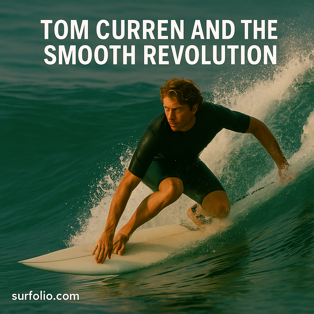 Tom Curren gliding smoothly down a perfect wave at sunset, inspired by Tom Curren’s signature style.