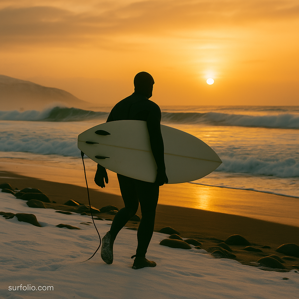 Surfer in a full wetsuit walking toward icy waves under golden light at a remote beach.