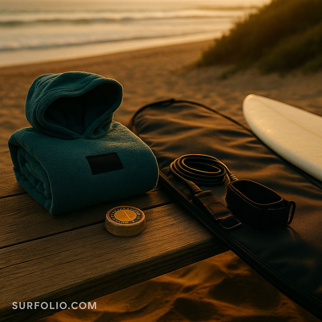 Collection of surf accessories including wax, leash, poncho, and board bag laid out on a wooden deck.