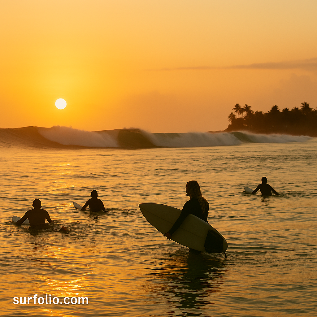Surfers paddling out at sunrise on Hawaii’s North Shore with clean waves breaking in the background.