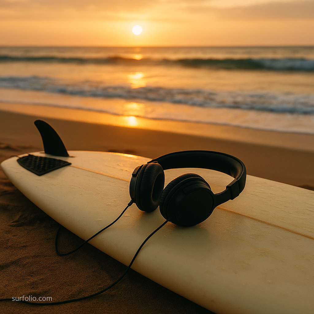 Headphones resting on a surfboard at sunrise by the ocean.