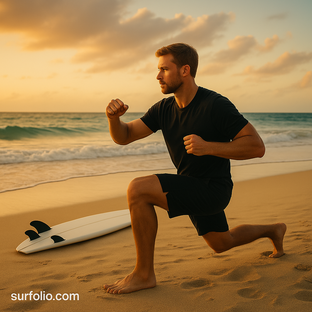 Surfer stretching on the beach before paddling out, preparing for a surf session.