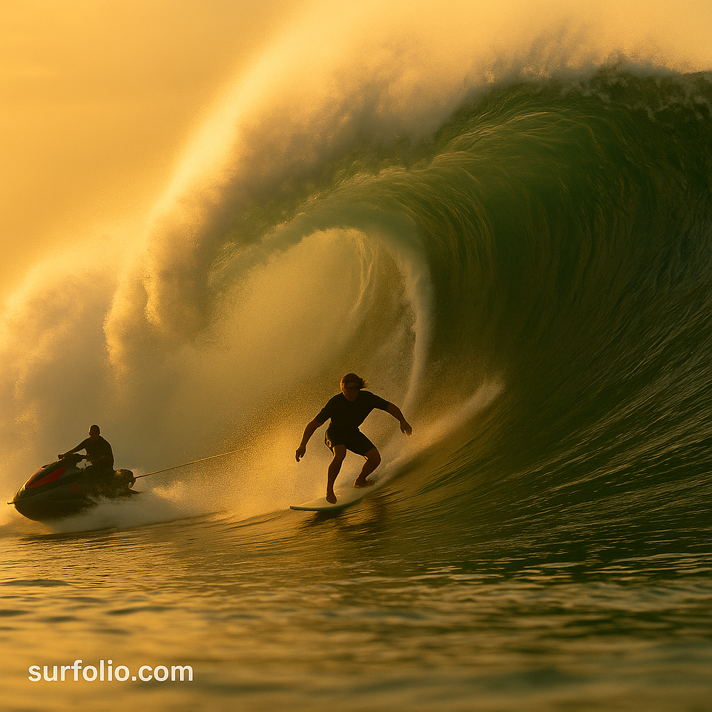 Laird Hamilton being towed into a giant wave by a jet ski at sunrise, symbolizing the innovation of tow-in surfing.
