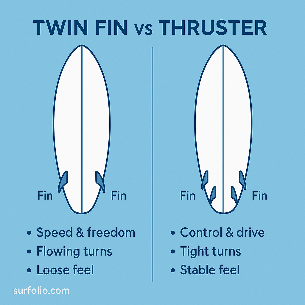 Flat vector infographic comparing twin fin and thruster surfboard setups side by side, showing fin placement and key performance traits