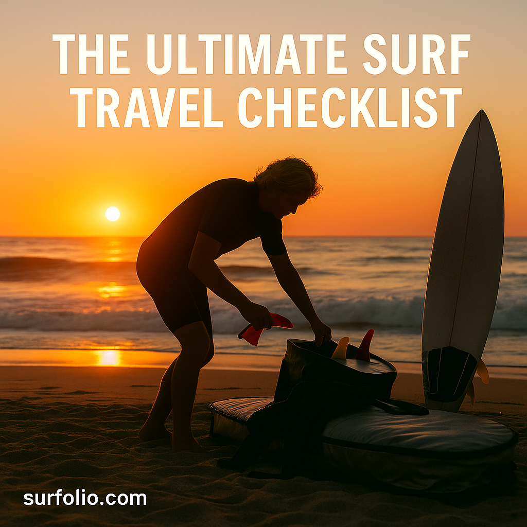 Surfer preparing travel gear on the beach at sunrise with board bag, fins, and wetsuit.